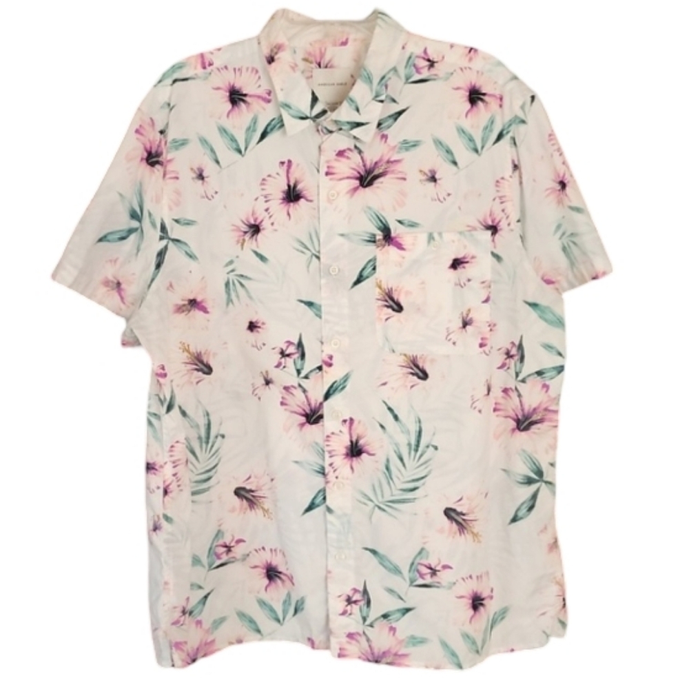 American Eagle Mens XXL Floral Hibiscus Button Down Shirt Short Sleeve Cotton